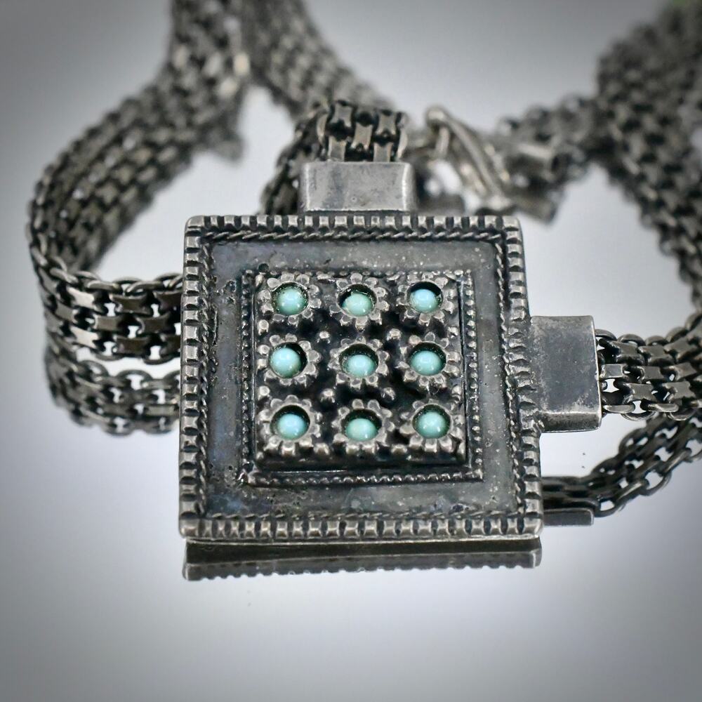 Vintage Bedouin 925 Sterling Silver Turquoise Woven Link Choker Necklace 16" 37g